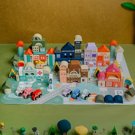 NESTA TOYS - 115 Pieces Wooden City Building Blocks | Stacking Educational Toys |Building Toys for Creative Play (3+ Years Kids)