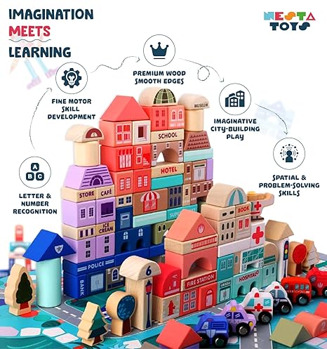 NESTA TOYS - 115 Pieces Wooden City Building Blocks | Stacking Educational Toys |Building Toys for Creative Play (3+ Years Kids)