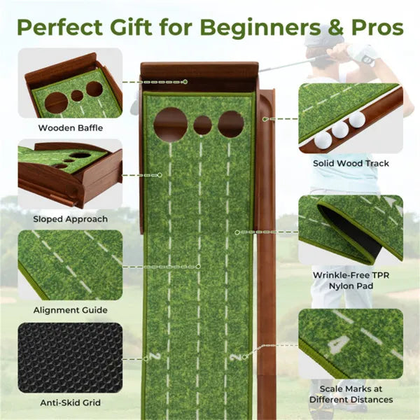 10ft Golf Putting Mat - Automatic Ball Return, 3 Hole Sizes (3.5"/2.7"/2.4"), Brown+Green