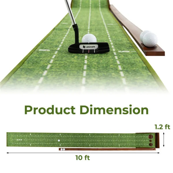 10ft Golf Putting Mat - Automatic Ball Return, 3 Hole Sizes (3.5"/2.7"/2.4"), Brown+Green