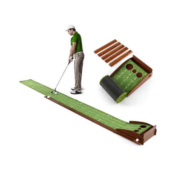 10ft Golf Putting Mat - Automatic Ball Return, 3 Hole Sizes (3.5"/2.7"/2.4"), Brown+Green